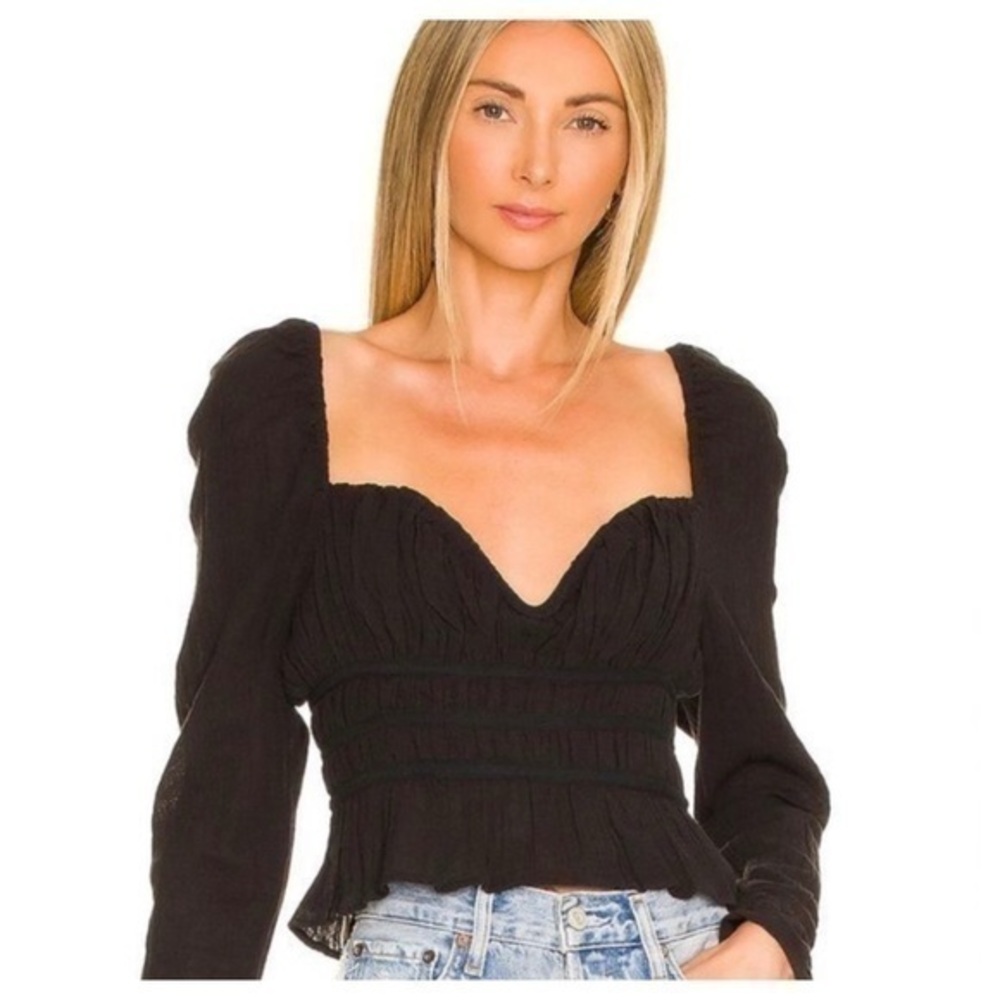 NWT Free People Chloe Long Sleeve Smocked Crop Top in Black